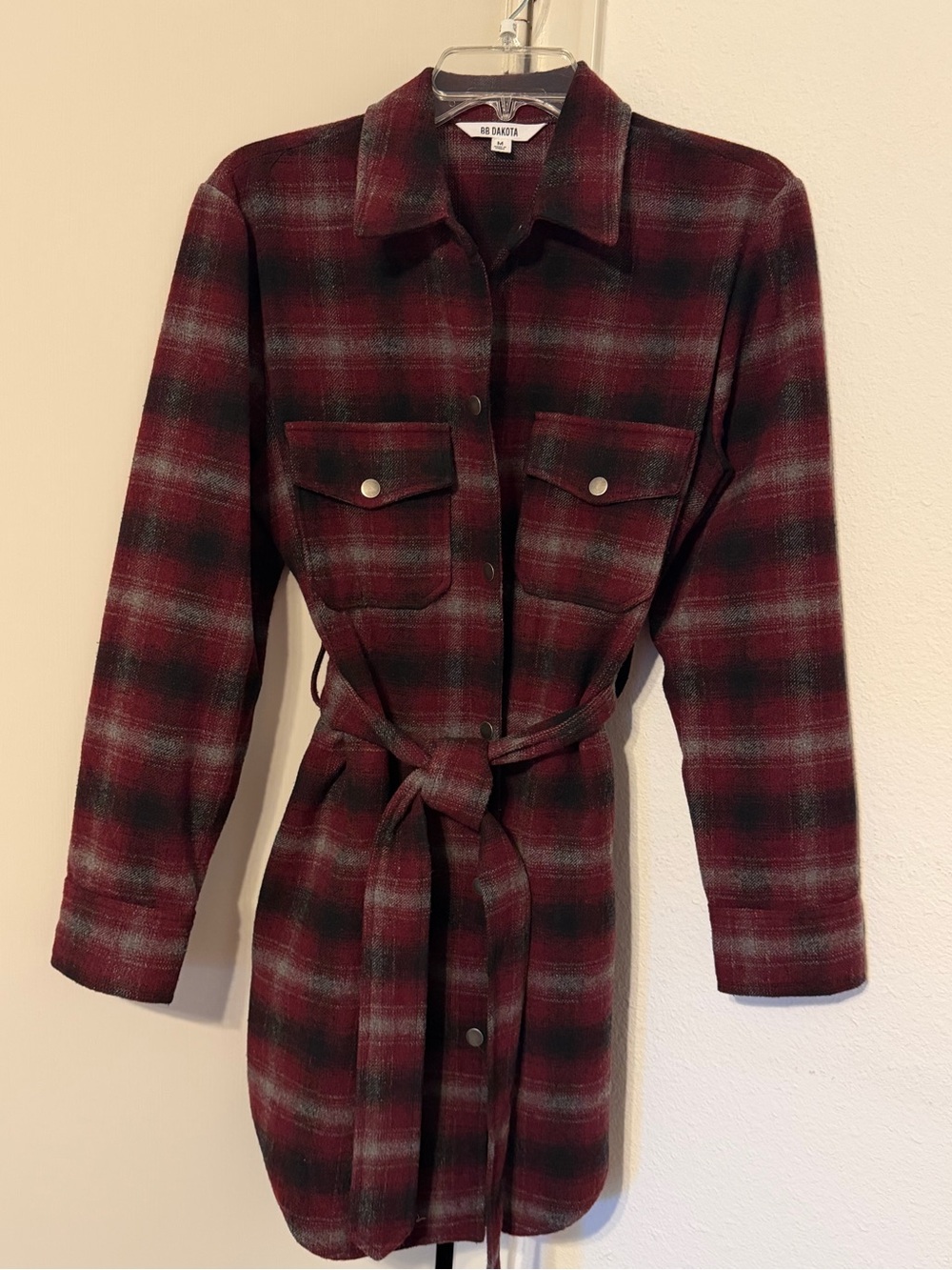 BB Dakota Red and Black Plaid Belted Shacket